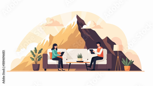 Couple relaxes on sofa with mountain backdrop, engaging with tablets