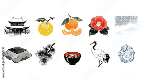 Collection of traditional asian objects including flowers and artifacts