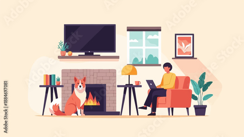Cozy home scene dog by fireplace, person works on laptop