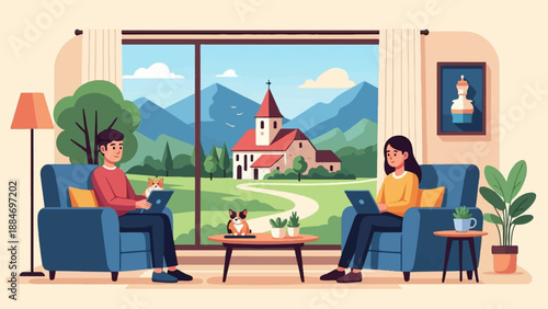 Couple working on laptops with pets by a window showing a scenic village view