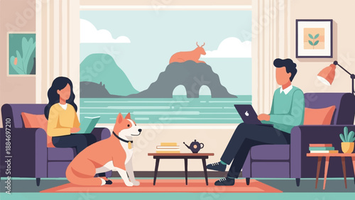 Cozy home scene with dog, people working on laptops, and ocean view