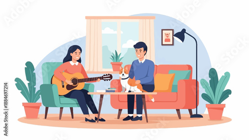 Cozy home scene with people, a dog, and plants