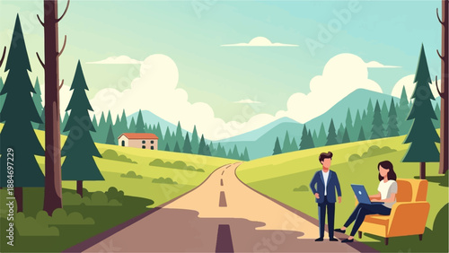 Couple working remotely amidst scenic landscape