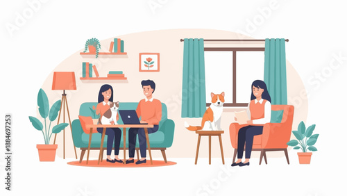 Cozy home scene with people and dogs interacting
