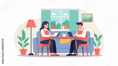 Couple working remotely from home, with a dog and plants