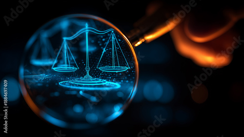 Magnifying glass revealing scales of justice on a digital interface symbolizing legal technology and compliance oversight.
