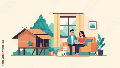 Couple using laptop with dog and hut, indoor/outdoor scene