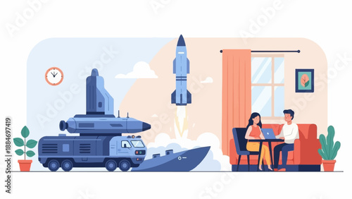Couple using laptop indoors while rocket launches outside