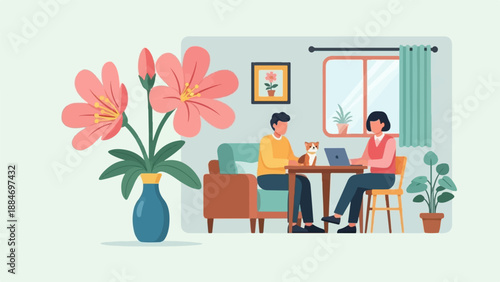 Couple working remotely with their pet dog in a cozy home office