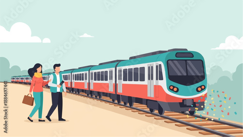 Couple walks past a colorful train on tracks with confetti flying