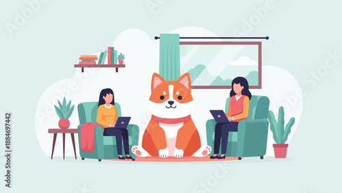 Cozy home scene with two women on laptops and a dog