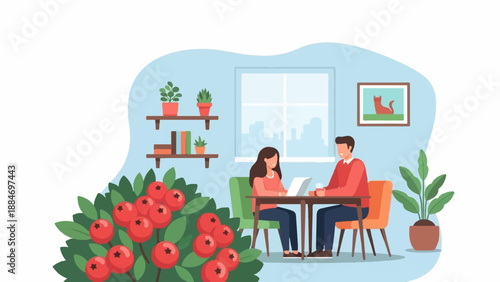 Couple working together at a table with plants and berries