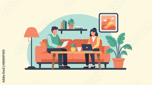 Couple working together in a cozy living room setting