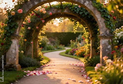 A picturesque garden view featuring a winding pathway adorned with rose petals and blooming flowers under a lush trellis at sunset.