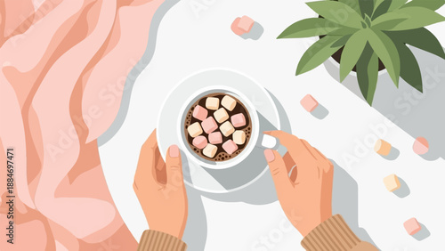 Cozy hot chocolate with marshmallows and a plant on a bright day