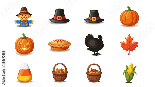 Collection of halloween themed icons including pumpkin hat and turkey