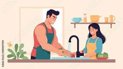 Couple washing vegetables in kitchen sink, preparing food for meal