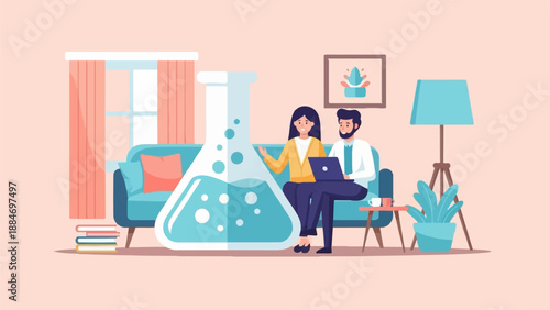Couple working together in a living room with scientific equipment