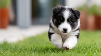 A black and white border collie puppy runs on green grass with a blurred background, showing its soft fur and playful spirit