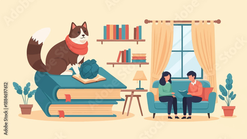 Cozy indoor scene with a cat on books and people reading