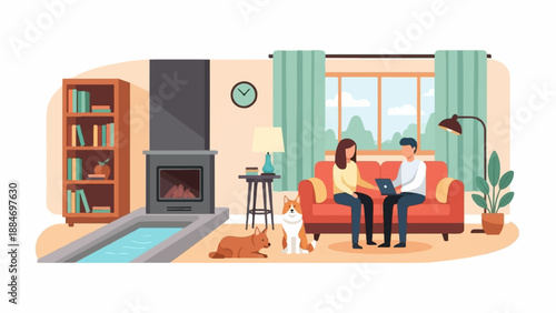 Cozy living room scene with two people on couch, fireplace, bookshelf, dogs, and plants