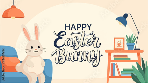 Cozy indoor scene with a cheerful bunny and Easter greetings