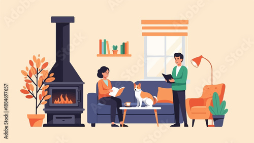 Cozy indoor scene with a couple, a dog, and a fireplace