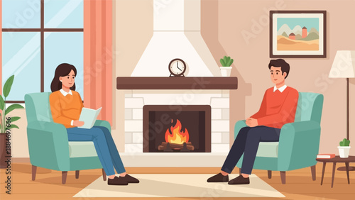 Cozy living room scene with two people relaxing by a fireplace
