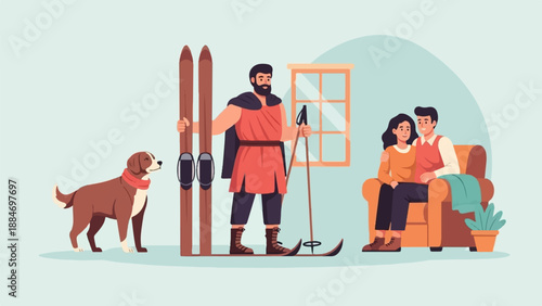 Cozy indoor scene with a couple relaxing while a skier and dog are present