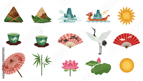 Collection of traditional asian symbols and cultural elements