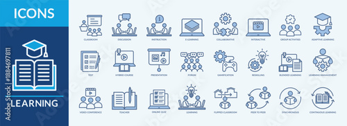 Learning - Icon Collection. Thin Line Blue Set contains such Icons as classroom, discussion, adaptive learning, test and more. Simple web icons set
