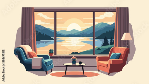 Cozy living room with a stunning lake and mountain view at sunset