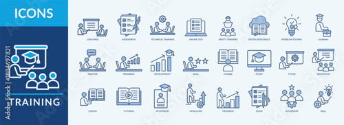 Training - Icon Collection. Thin Line Blue Set contains such Icons as coaching, assessment, mentor, problem solving and more. Simple web icons set
