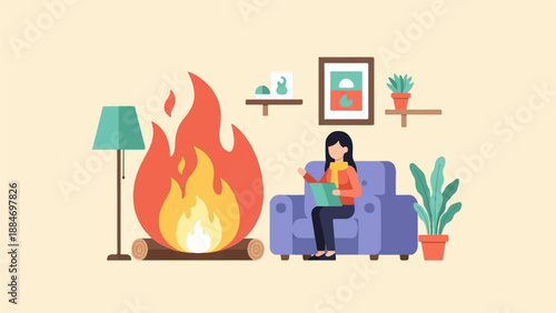 Cozy indoor scene with a person reading by a warm fire and lamp