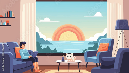 Cozy living room with a person on laptop and cat near window overlooking sunset