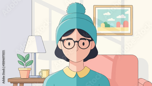Cozy indoor scene with a person wearing a hat and glasses, sitting in a room