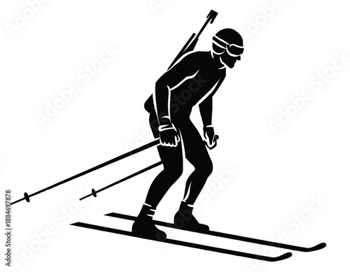 Black vector silhouette of Biathlon Athlete using poles in forward stride. Nordic skiing winter athlete in motion. Flat minimal hand drawn sport design isolated on white background