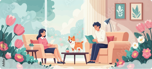 Cozy living room with a woman, man, and dog, surrounded by flowers