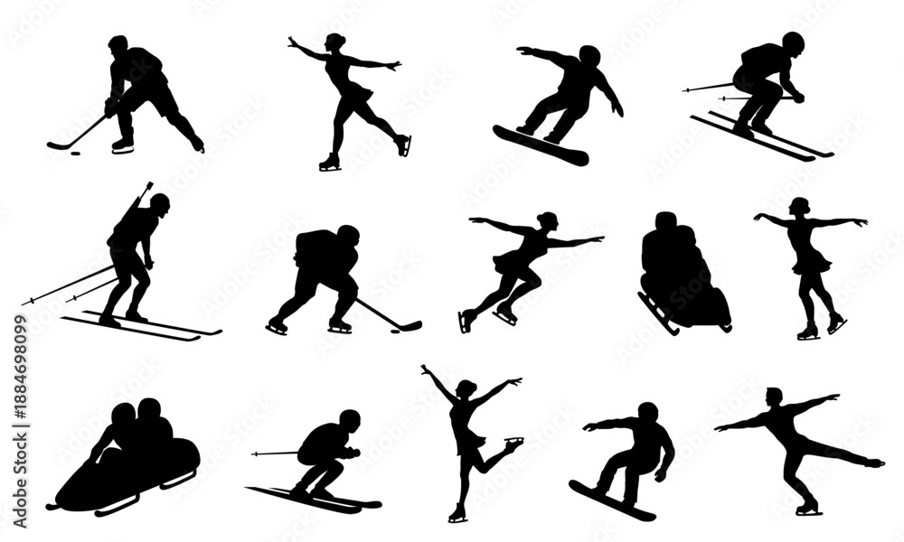 Fototapeta premium Big set of black flat silhouettes of winter sport disciplines. Ice skating, alpine skiing, hockey, bobsleigh, snowboard poses. Athlete shapes, sport figures isolated on transparent background