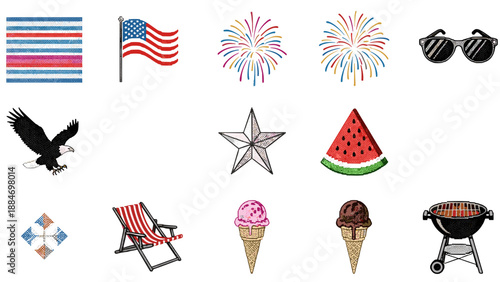Celebration and summer party elements with fireworks and accessories