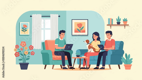 Cozy living room with people and pet, laptops on laps
