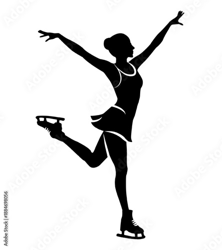 Black silhouette of female figure skater performing artistic pose isolated on white background. Woman ice skating dancer in motion at winter sport competition or championship. Clip art design element