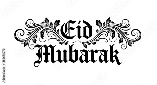 Eid Mubarak greeting card with flourishes and blackletter script in vector format