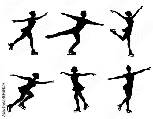 Set of black silhouettes of male and female figure skaters performing spins, jumps and gliding poses isolated on white background. Ice skating athletes at winter sport competition. Sport discipline
