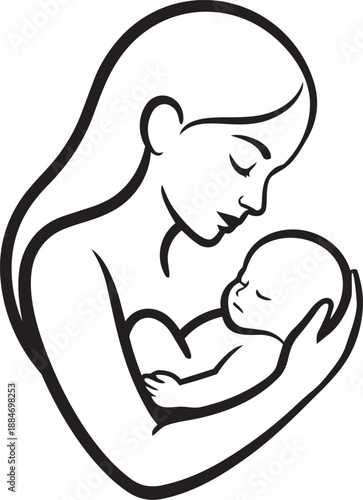 mother and baby stylized vector symbol, mom huges her child logo