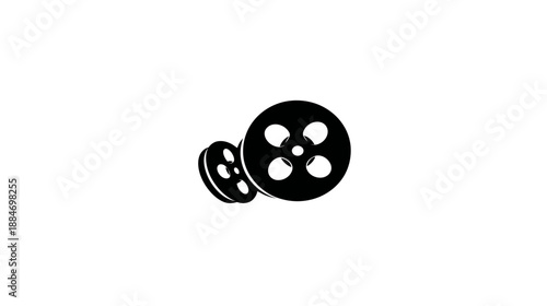 A minimalist illustration of two film reels in black against a clean white background