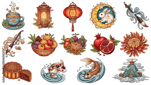 Collection of traditional chinese decorative items and symbols
