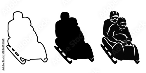 Set of outline, solid, detailed silhouettes of luge athletes or bobsleigh riding sled. Winter sliding sport team in aerodynamic racing position. Flat minimal illustration isolated on white background