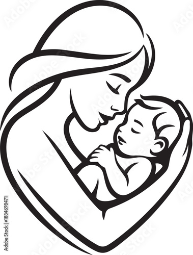 mother and baby stylized vector symbol, mom huges her child logo