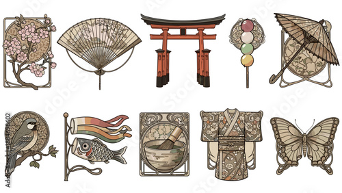 Collection of traditional asian cultural symbols and artifacts
